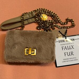 New Steve Madden Mini Faux Fur Mini Shoulder Bag. Taupe.